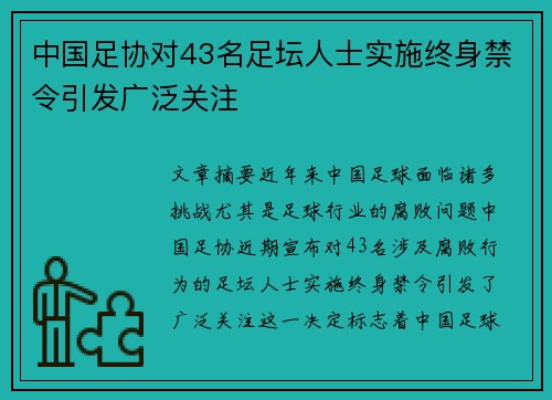 中国足协对43名足坛人士实施终身禁令引发广泛关注 中国足协对43名足坛人士实施终身禁令引发广泛关注